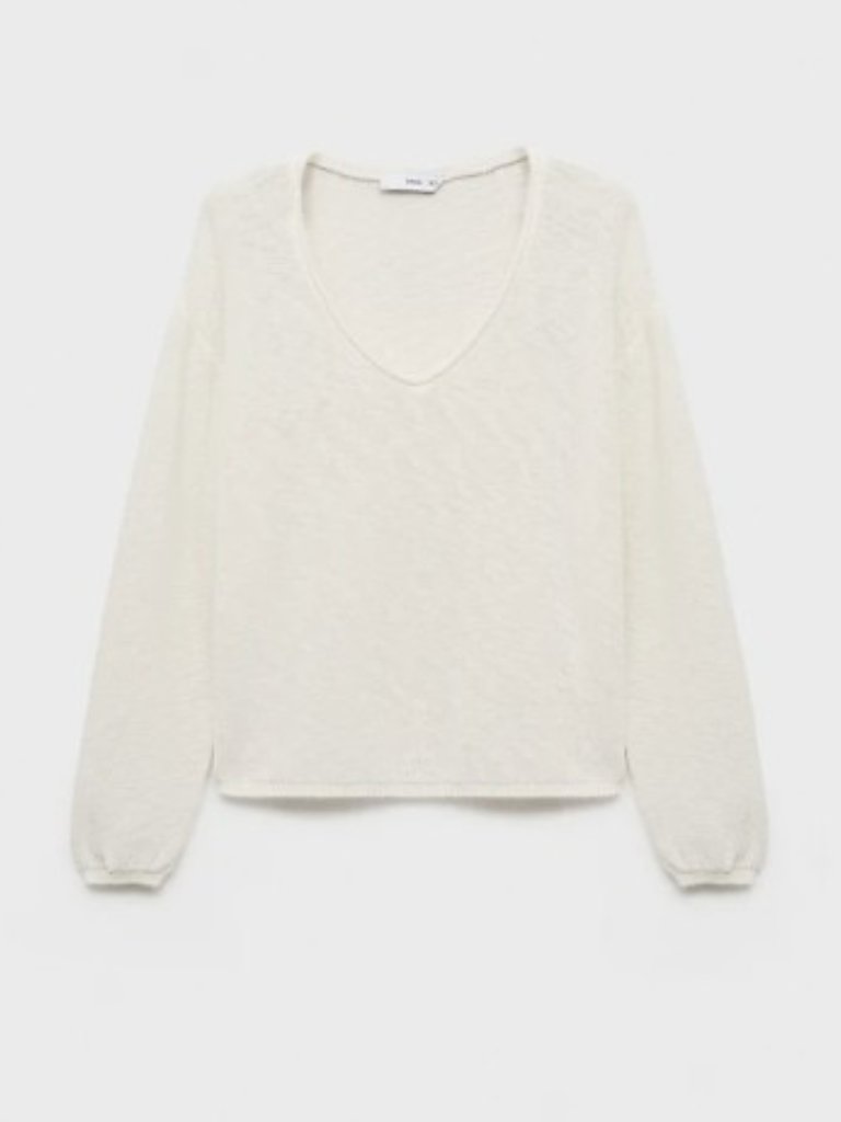 Mango V-Neck Fine Knit White Sweater Xs